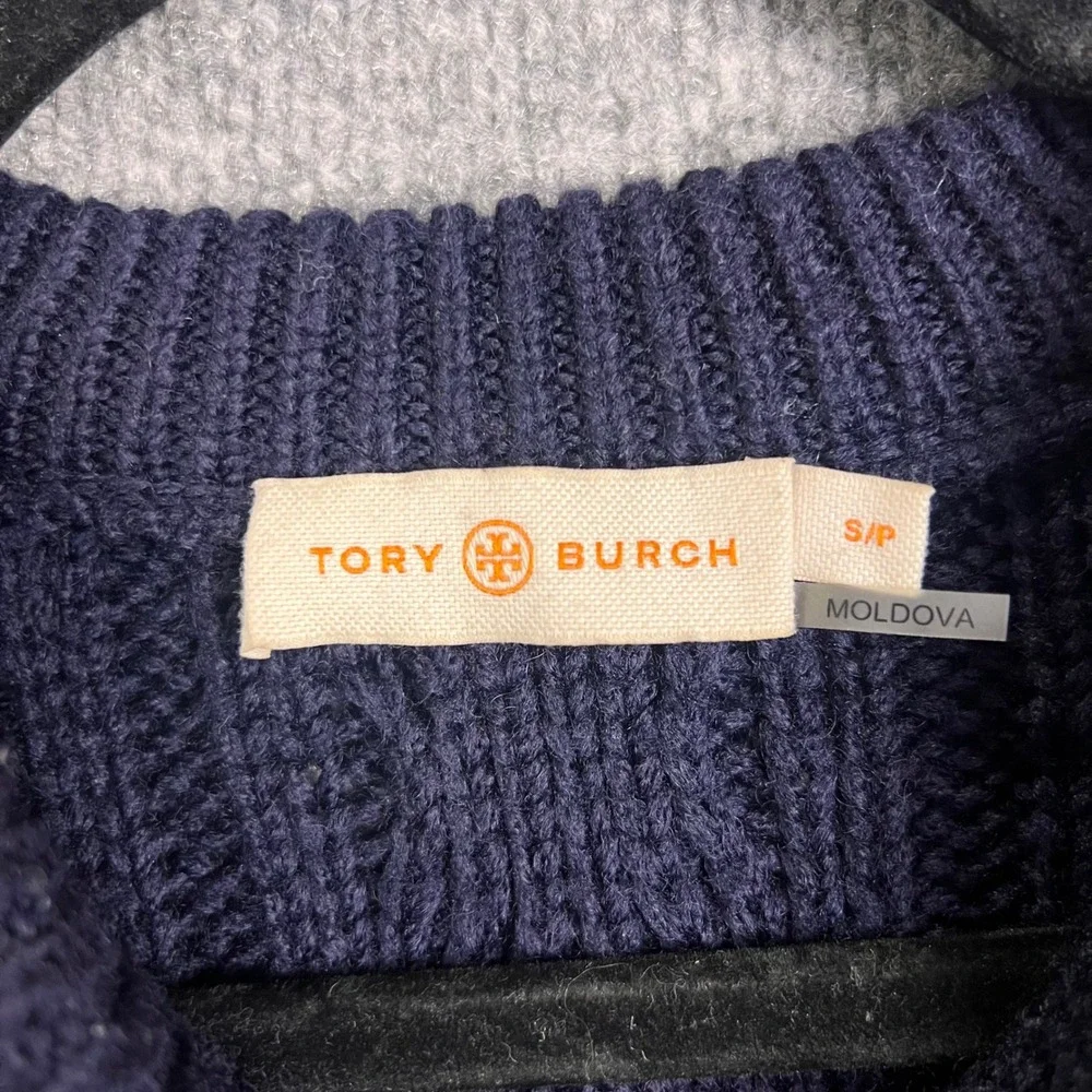 Tory Burch $425 Cable Knit WOOL Fringe Sweater S Blue Excellent Trim Crewneck